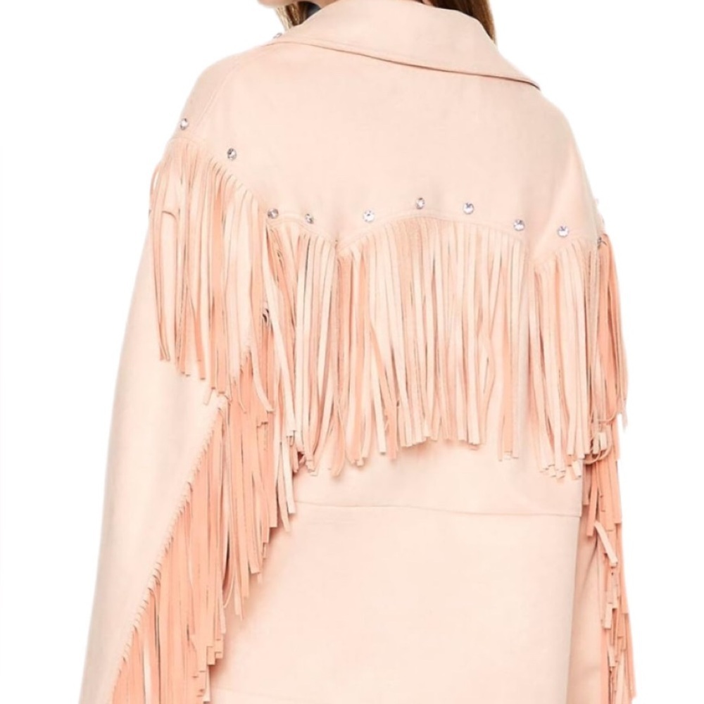 Forever 21 Pink Leather Fringe Gem Jacket Faux Leather and Gemstones Medium - Picture 3 of 6